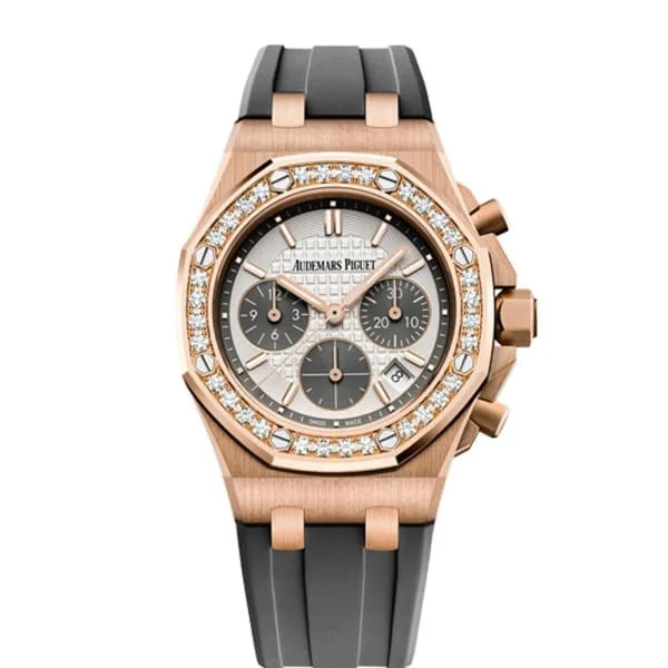 Audemars Piguet Royal Oak Offshore Selfwinding Chronograph 37mm Watch - Ref: 26231OR.ZZ.D003CA.01 - Silver Dial & Diamond Bezel in 18K Rose Gold Diamond Case, Grey Rubber Strap