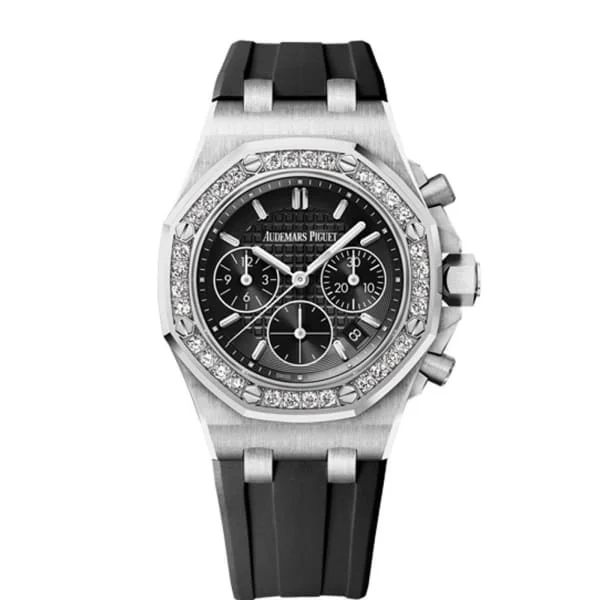 Audemars Piguet Royal Oak Offshore Selfwinding Chronograph 37mm Watch - Ref: 26231ST.ZZ.D002CA.01 - Black Dial & Diamond Bezel in Stainless Steel Case, Black Rubber Strap