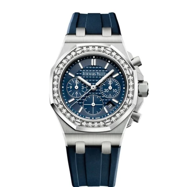 Audemars Piguet Royal Oak Offshore Selfwinding Chronograph 37mm Watch - Ref: 26231ST.ZZ.D027CA.01 - Blue Dial & Diamond Bezel in Stainless Steel Case, Blue Rubber Strap