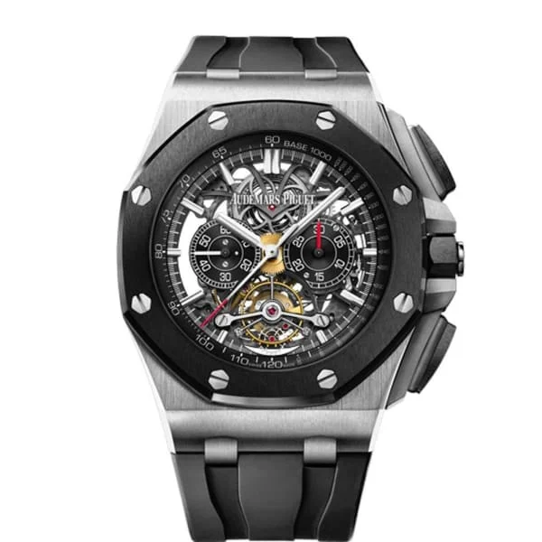 Audemars Piguet Royal Oak Offshore Tourbillon Chronograph 44mm Men's Watch - Ref: 26348IO.OO.A002CA.01 - Openworked Dial in Titanium Case, Black Rubber Strap