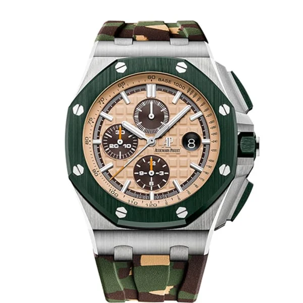 Audemars Piguet Royal Oak Offshore Selfwinding Chronograph 44mm Men's Watch - Ref: 26400SO.OO.A054CA.01 - Beige Dial, Camo Green Khaki Combat Rubber Strap