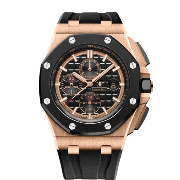 Audemars Piguet Royal Oak Offshore Chronograph 44mm Men's Watch - Ref: 26401RO.OO.A002CA.02 - Black Dial in 18K Rose Gold Case, Black Rubber Strap