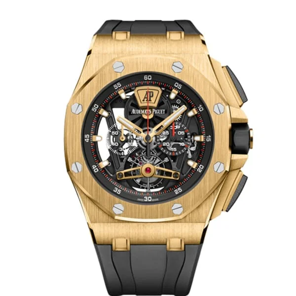 Audemars Piguet Royal Oak Offshore Tourbillon Chronograph 44mm Men's Watch - Ref: 26407BA.OO.A002CA.01 - Openworked Dial in 18K Yellow Gold Case, Black Rubber Strap