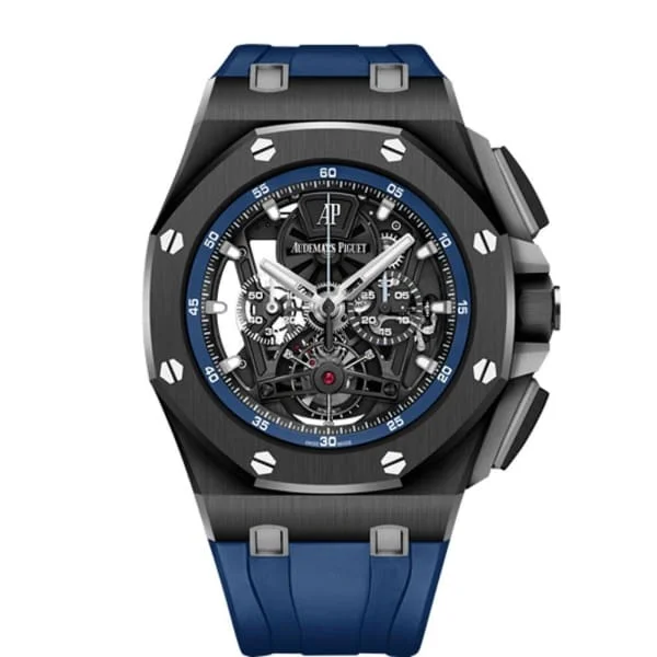 Audemars Piguet Royal Oak Offshore Tourbillon Chronograph 44mm Men's Watch - Ref: 26407CE.OO.A030CA.01 - Openworked Dial in Black Ceramic Case, Blue Rubber Strap