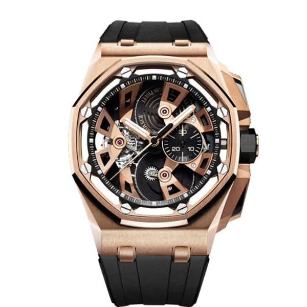 Audemars Piguet Royal Oak Offshore Tourbillon Chronograph 45mm Men's Watch - Ref: 26421OR.OO.A002CA.01 - Openworked Dial in 18K Rose Gold Case, Black Rubber Strap