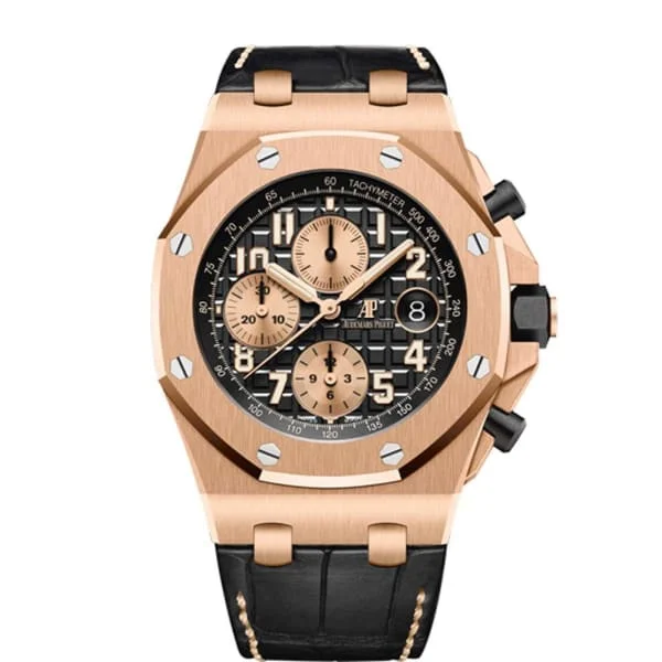 Audemars Piguet Royal Oak Offshore Selfwinding Chronograph 42mm Men's Watch - Ref: 26470OR.OO.A002CR.02 - Black Dial in 18K Rose Gold Case, Black Alligator Strap