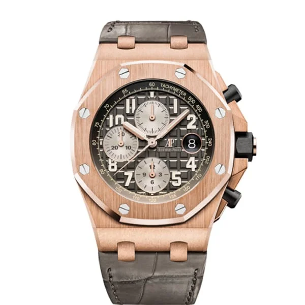 Audemars Piguet Royal Oak Offshore Selfwinding Chronograph 42mm Men's Watch - Ref: 26470OR.OO.A125CR.01 - Grey Dial in 18K Rose Gold Case, Brown Alligator Strap