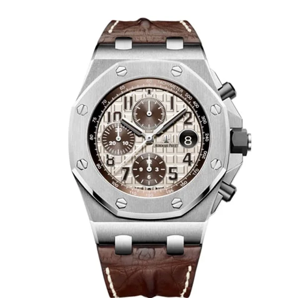 Audemars Piguet Royal Oak Offshore Chronograph 42mm Men's Watch - Ref: 26470ST.OO.A801CR.01 - Ivory Dial, Brown Alligator Strap