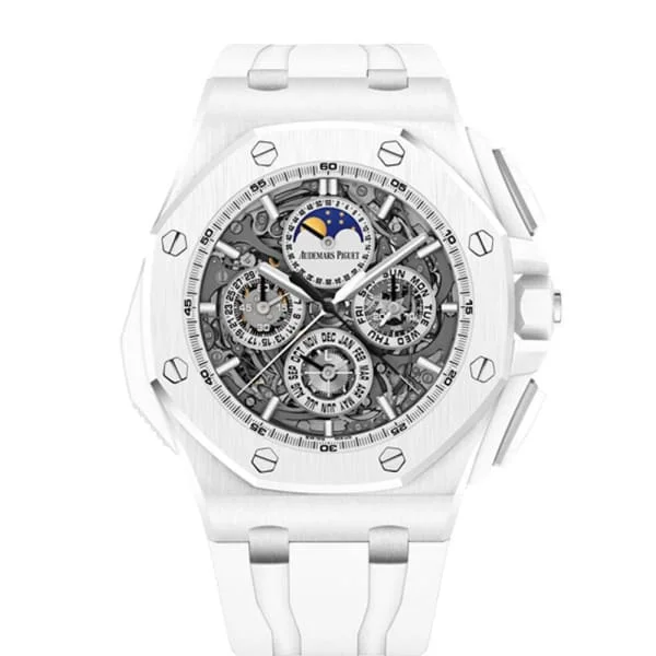 Audemars Piguet Royal Oak Offshore Grande Complication 44mm Men's Watch - Ref: 26582CB.OO.A010CA.01 - Transparent Sapphire Moonphase Dial in White Ceramic Case, White Rubber Strap