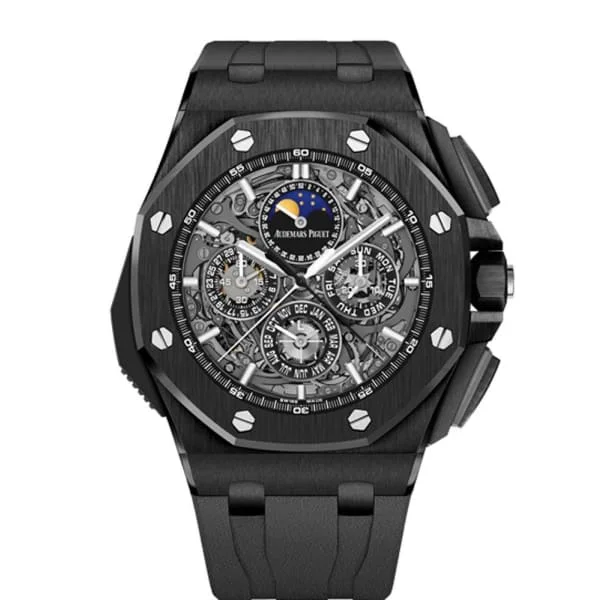 Audemars Piguet Royal Oak Offshore Grande Complication 44mm Men's Watch - Ref: 26582CE.OO.A002CA.01 - Transparent Sapphire Moonphase Dial in Black Ceramic Case, Black Rubber Strap