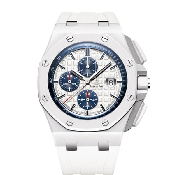 Audemars Piguet Royal Oak Offshore Chronograph 44mm Men's Watch - Ref: 26402CB.OO.A010CA.01 - Silver Dial in Ceramic Case, White Rubber Strap