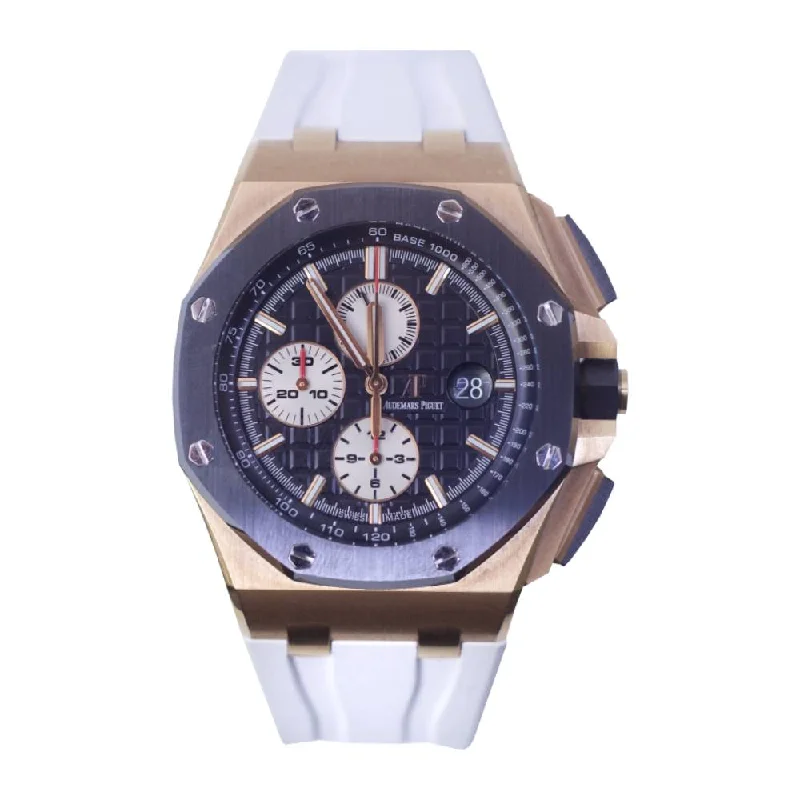 Audemars Piguet Royal Oak Offshore Chronograph 44 mm, White rubber strap, Black Dial, 18k Rose Gold Case | Mens Watch, Ref. 26401RO.OO.A002CA.01