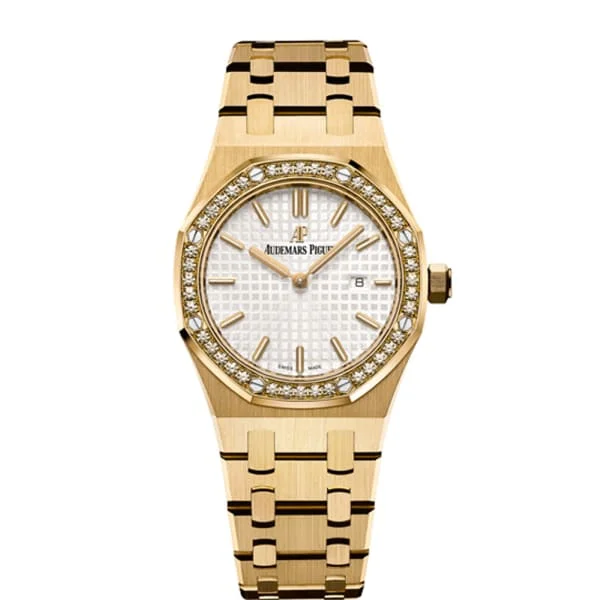 Audemars Piguet Royal Oak 37mm Watch - Ref: 67651BA.ZZ.1261BA.01 - Silver Dial & Diamond Bezel, 18K Yellow Gold Bracelet