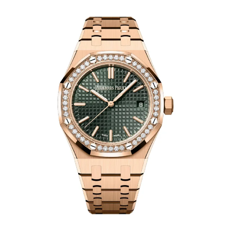 Audemars Piguet Royal Oak Selfwinding 37mm Watch - Ref: 15551OR.ZZ.1356OR.06 - Khaki Green Dial & Diamond Case in 18K Rose Gold Bracelet