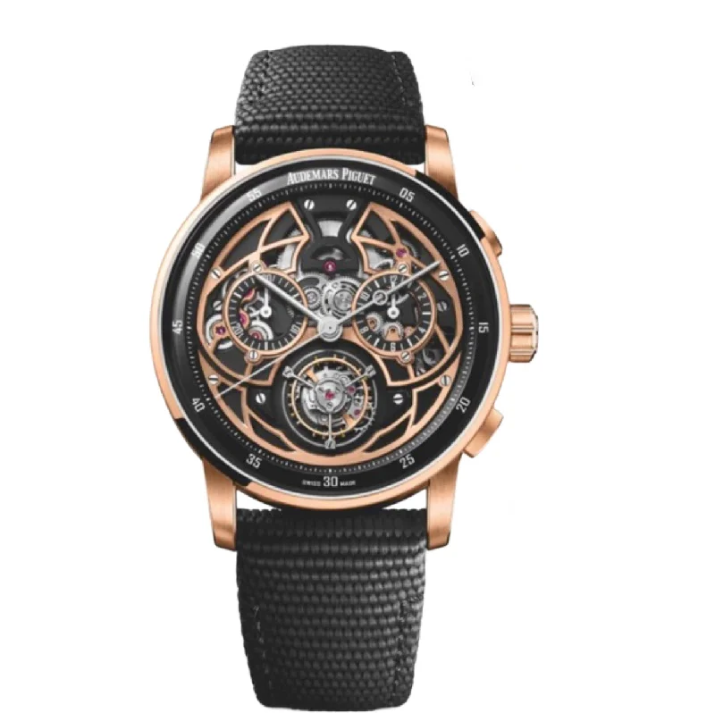 Audemars Piguet Code 11.59 Flying Tourbillon Chronograph 41mm Men's Watch - Ref: 26399NR.OO.D002KB.01 - Black Dial in 18K Rose Gold & Black Ceramic Case, Black Rubber Strap