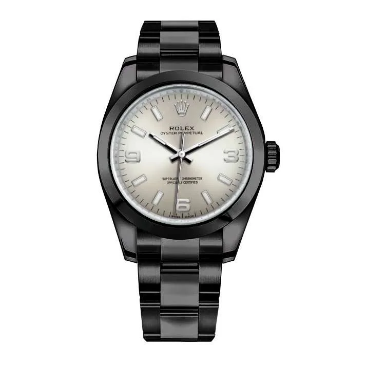 Rolex Oyster Perpetual 34mm - Ref: 114200-0019-pvd - Silver Stick Dial, Black PVD Stainless Steel Oyster Bracelet Watch