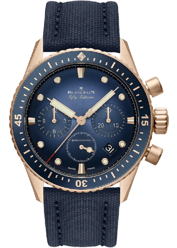 Blancpain Fifty Fathoms Bathyscaphe Chronographe Flyback Red Gold Blue Canvas Men's Watch - 5200 3640 O52B