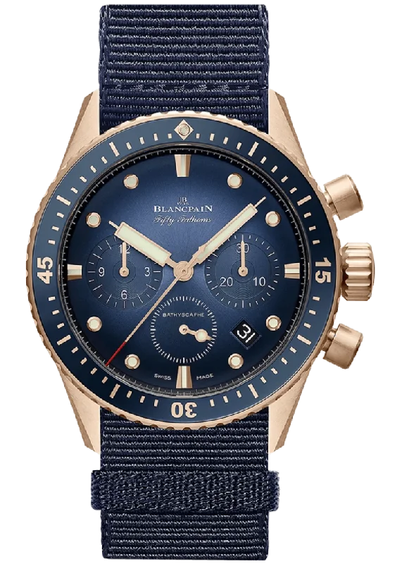 Blancpain Fifty Fathoms Bathyscaphe Chronographe Flyback Red Gold Blue NATO Men's Watch - 5200 3640 NAOA