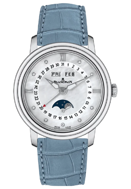 Blancpain Ladybird Quantieme Complet Blue Alligator Mother of Pearl Ladies Watch - 3663 1154 95A