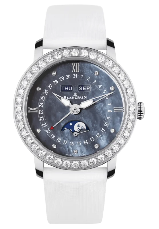 Blancpain Ladybird Quantieme Complet Diamond Mother of Pearl Satin Ladies Watch - 3663 4654L 52B