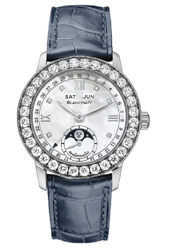 Blancpain Ladybird Quantieme Complet White Gold Diamond Blue Alligator Ladies Watch - 2360 1991A 55A