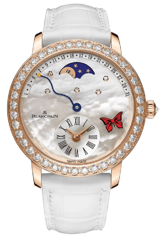 Blancpain Ladybird Quantieme Retrograde White Ostrich Diamond Ladies Watch - 3653A 2954 58CB