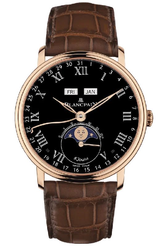 Blancpain Villeret Quantieme Complet 8 Jours Black Red Gold Alligator Men's Watch - 6639 3637 55B