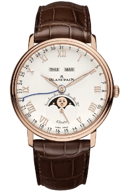 Blancpain Villeret Quantieme Complet 8 Jours Opaline Red Gold Alligator Men's Watch - 6639 3642 55B