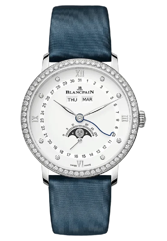 Blancpain Villeret Quantieme Complet Steel Diamond Blue Satin Ladies Watch - 6264 4628 95A