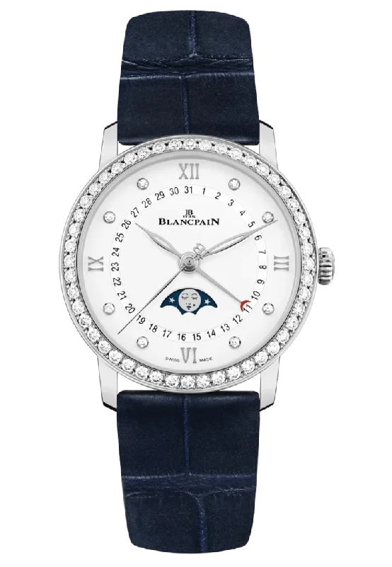 Blancpain Villeret Quantieme Phase de Lune Diamond Blue Alligator Ladies Watch - 6126 4628 55B