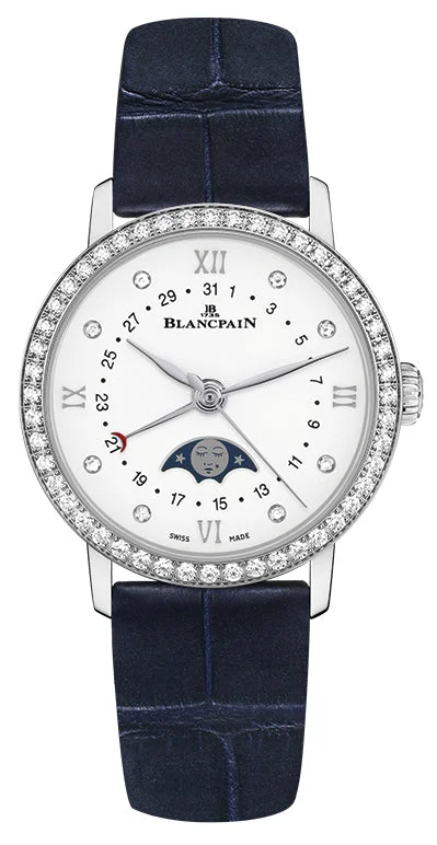 Blancpain Villeret Quantieme Phases de Lune Diamond Steel Blue Alligator Ladies Watch - 6106 4628 55A