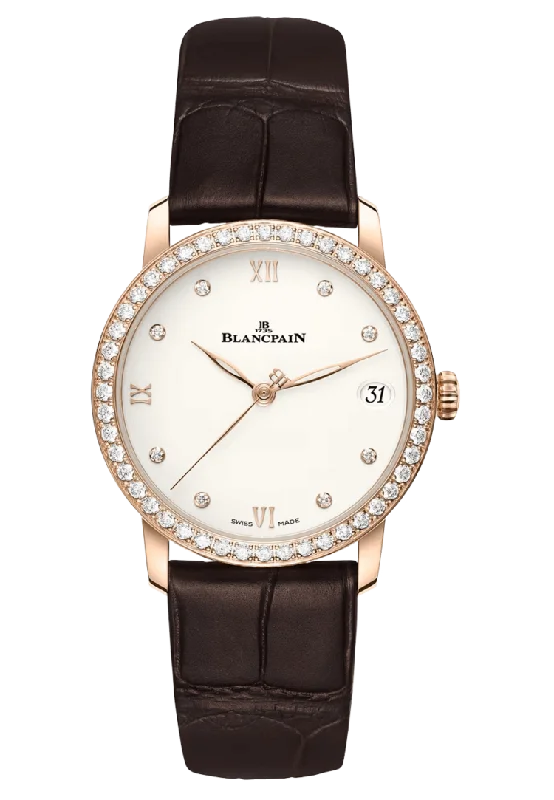 Blancpain Villeret Women Date Red Gold Diamond Ultra-Slim Alligator Ladies Watch - 6127 2987 55B