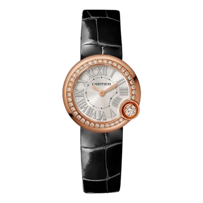 Cartier Ballon Blanc de Cartier 26mm | shiny black alligator strap Bracelet | silvered sunray-brushed Dial rose gold Bezel | rose gold Case | Ladies Watch ref. WJBL0004