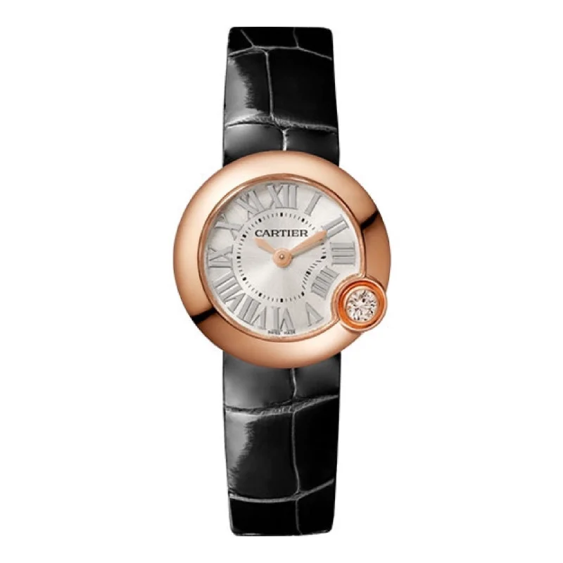 Cartier Ballon Blanc de Cartier 26mm | shiny black alligator strap | silvered sunray-brushed Dial rose gold Bezel | Ladies Watch ref. WGBL0002