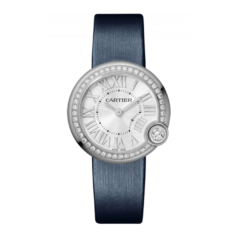 Cartier Ballon Blanc de Cartier 30mm | blue Calfskin strap Bracelet | silver Dial diamond Bezel | Ladies Watch ref. W4BL0003