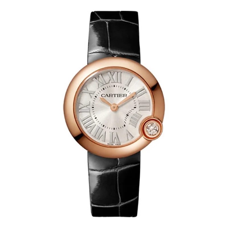 Cartier Ballon Blanc de Cartier 30mm | shiny black alligator strap Bracelet | silvered sunray-brushed Dial rose gold Bezel | rose gold Case | Ladies Watch ref. WGBL0003