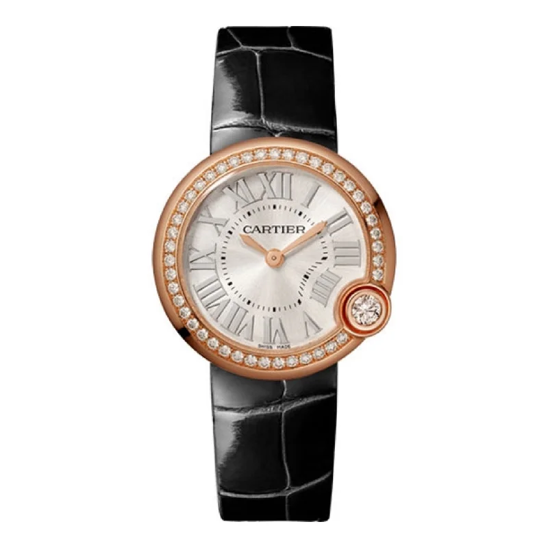 Cartier Ballon Blanc de Cartier 30mm | shiny black alligator strap Bracelet | silvered sunray-brushed Dial rose gold Bezel | rose gold Case | Ladies Watch ref. WJBL0005