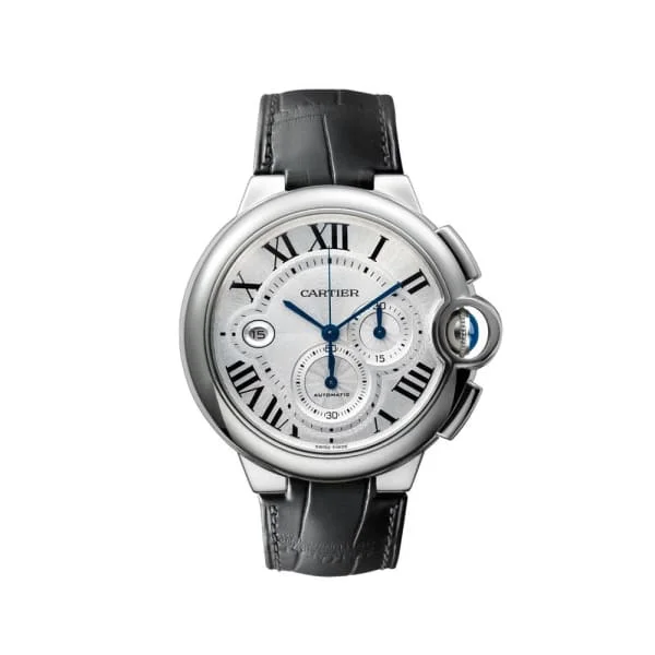 Cartier Ballon Bleu Automatic Silver Dial Stainless Steel Black Leather Mens Watch W69016Z4