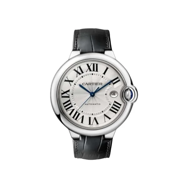 Cartier Ballon Bleu Automatic Silver Dial Stainless Steel Black Leather Mens Watch W69016Z4