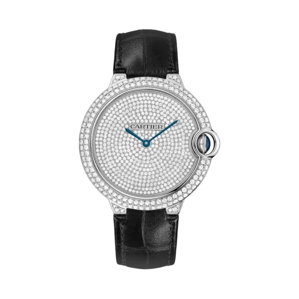 Cartier Ballon Bleu Diamond Pave Dial Black Leather Mens Watch WE902049