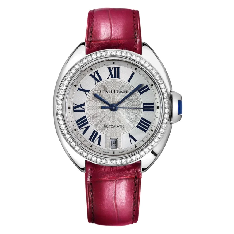 Cartier Clé de Cartier 35mm | Pink Leather Strap with Pattern bracelet | Guilloche Silver Dial dial | 18k White Gold Case Men's Watch WJCL0014