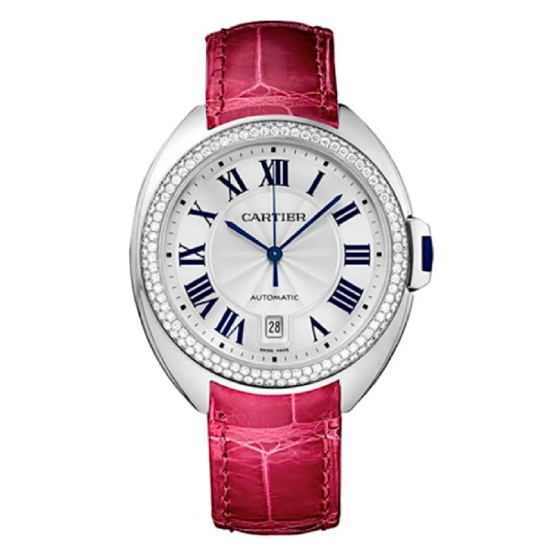 Cartier Clé de Cartier 40mm | Fuchsia pink alligator skin strap | Silver dial | 18K white gold Case Men's Watch WJCL0011