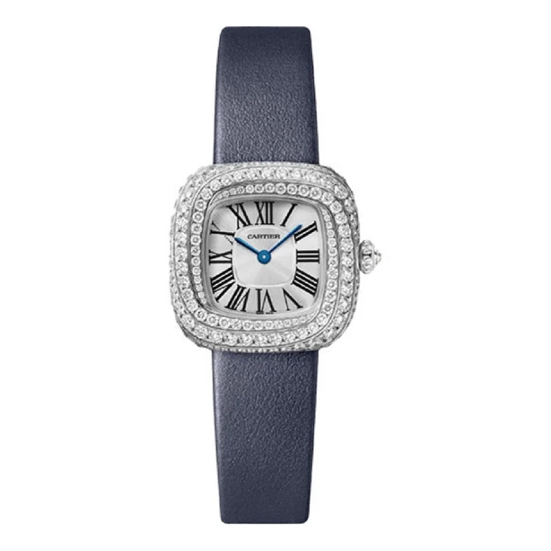 Cartier Coussin de Cartier 27.1mm | blue calfskin strap Bracelet | sunray silver Dial white gold Bezel | Ladies Watch ref. WJCS0002