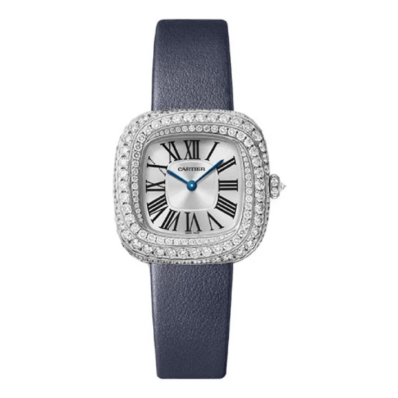 Cartier Coussin de Cartier 30.4mm | blue calfskin strap Bracelet | sunray silver Dial white gold Bezel | Ladies Watch ref. WJCS0003