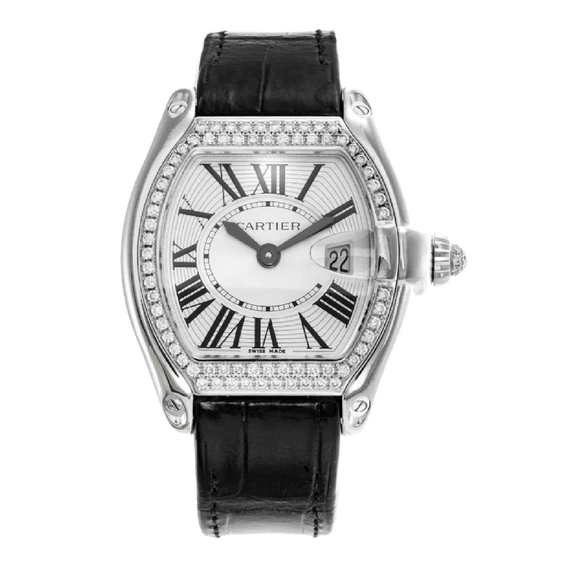 Cartier Roadster 31mm | Black Leather Strap | Silver Dial Diamond Bezel | white gold Case | Women's Watch ref. WE500260