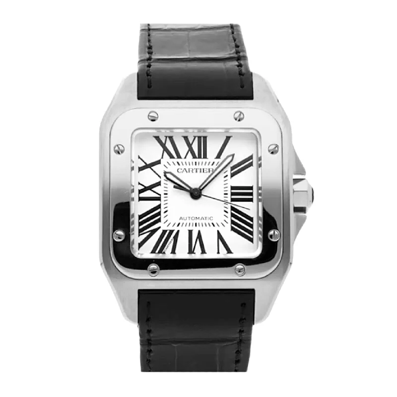 Cartier Santos 100 51.1mm | Black Leather Strap | Silver Dial Steel Bezel | Men's Watch ref. W20073XB