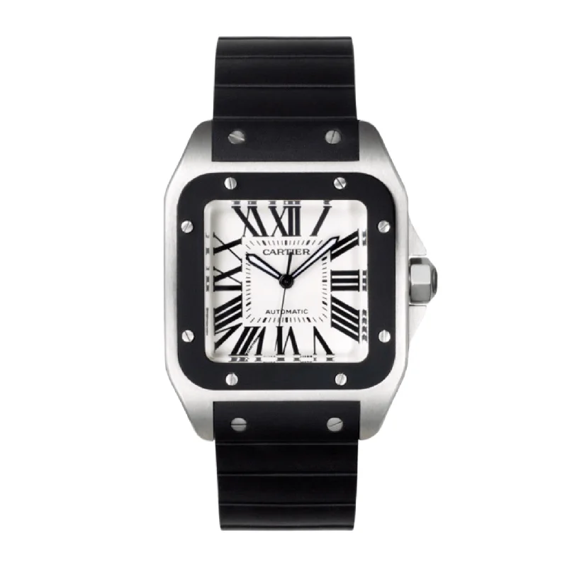 Cartier Santos 100 38 mm | Black Rubber Bracelet | Silver Dial Black Bezel | Men's Watch ref. W20121U2