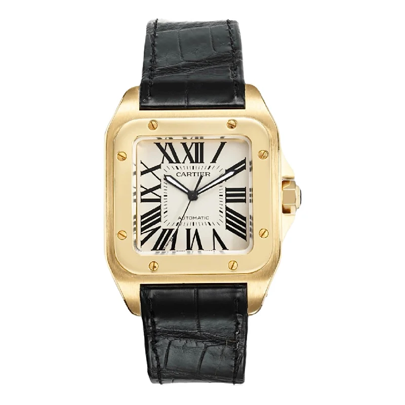 Cartier Santos 100 38mm | black Leather Strap | Silver Dial yellow gold Bezel | yellow gold Case | Men's Watch ref. W20078Y1