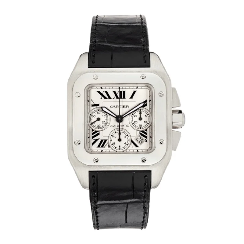 Cartier Santos 100 42mm | Black Leather Strap | White Dial Stainless Steel Bezel | Chronograph Men's Watch ref. W20090X8