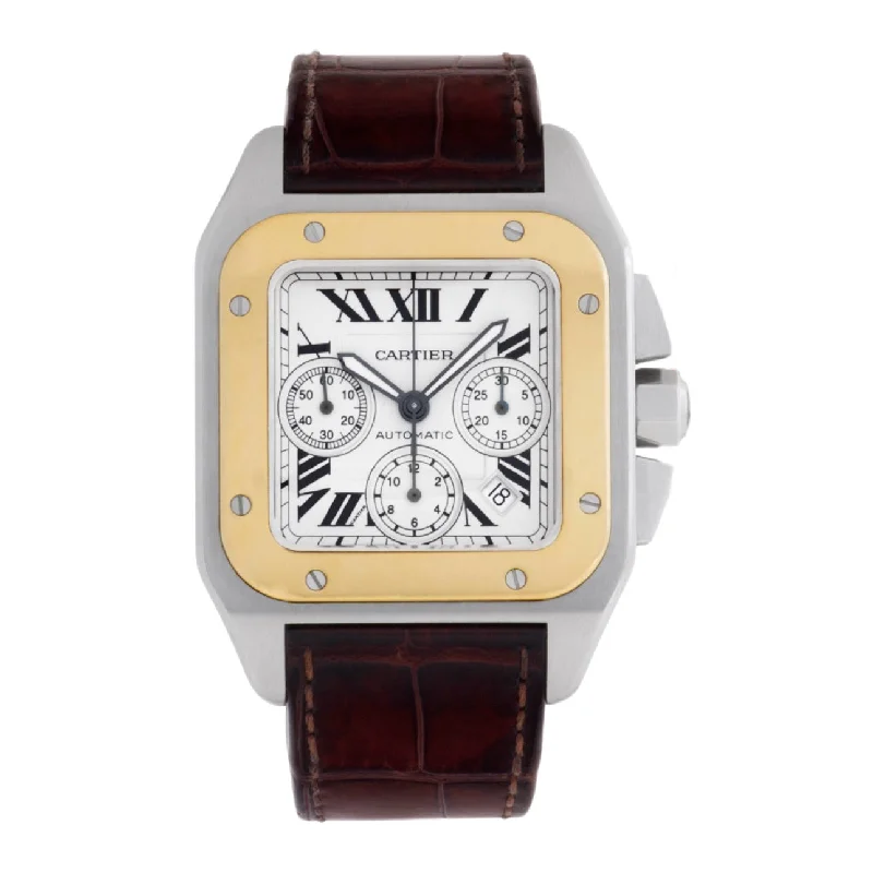 Cartier Santos 100 42mm | Brown Leather Strap | Silver Dial Yellow Gold Bezel | Men's Watch ref. W20091X7